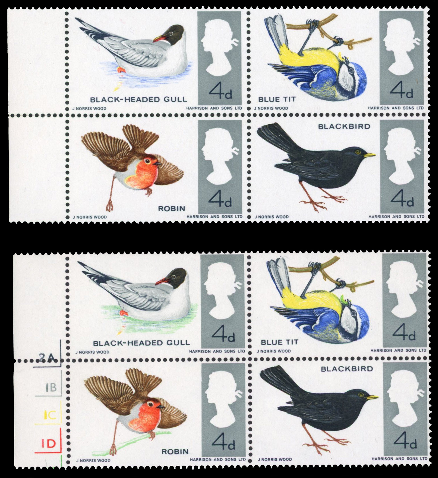 1966 British Birds se-tenant blocks of 4, ordinary, 4d emerald green omitted, 4d reddish brown omitted and 