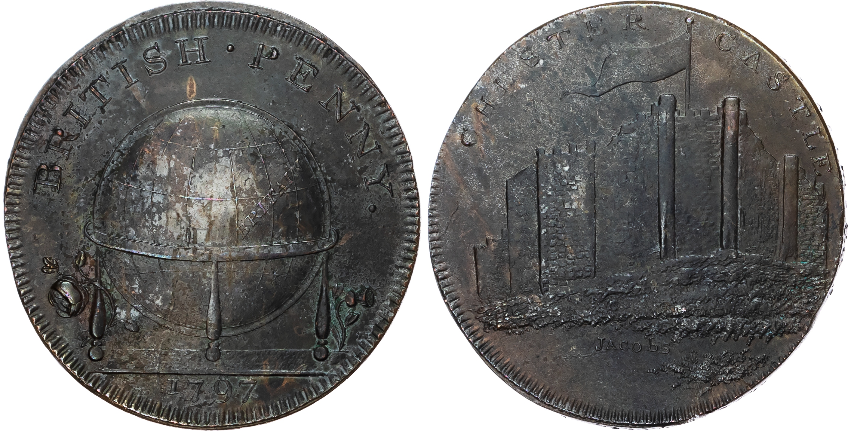Ches. Chester , Skidmore’s Globe Series British penny 1797, Chester Castle, rev. Terrestrial globe with rose a…