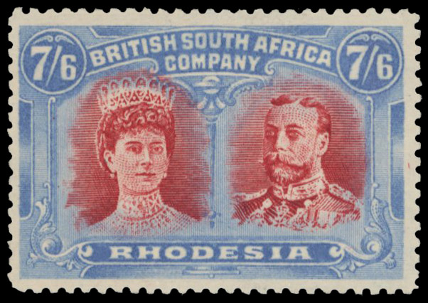 7s6d deep rose-red and grey-blue RSC C, position 15 King's eyebrow line mint