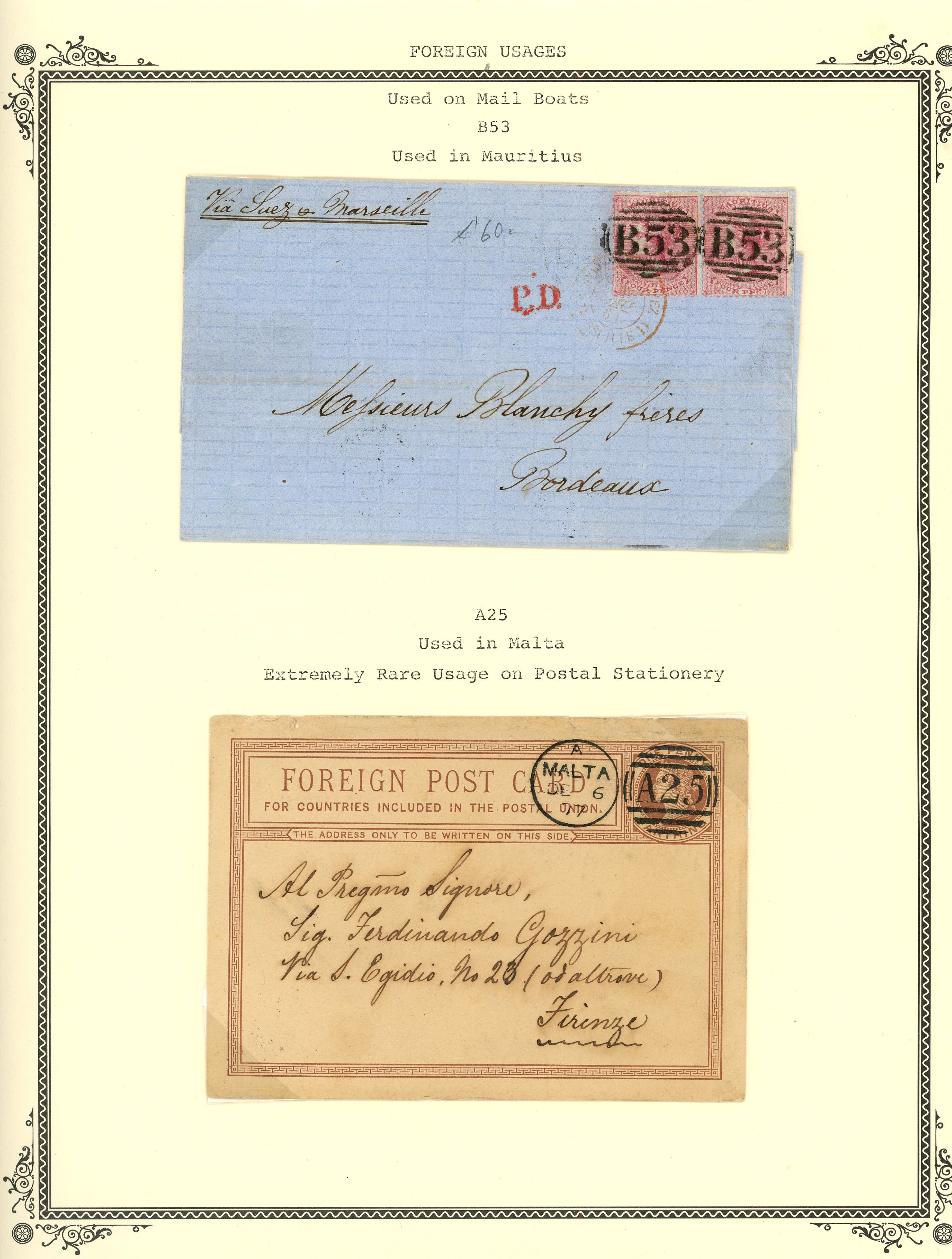 GB USED ABROAD: selection on leaves of individual adhesives ‘C35’ Panama, ‘B32’Buenos Aires, ‘C51’ St Thomas, 1¼d...