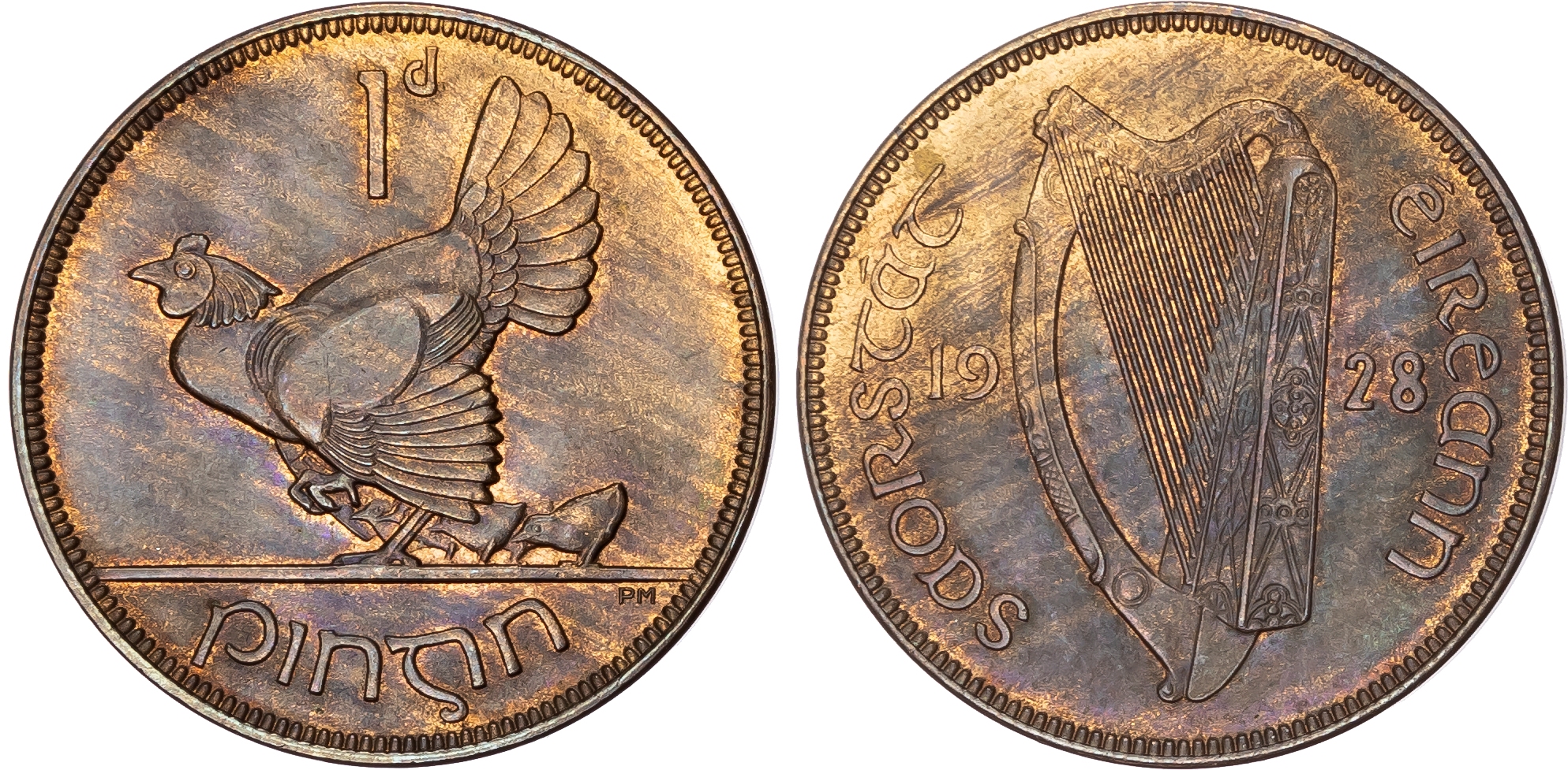 Ireland, Threepence, Penny, Halfpenny, Farthing, 1928, Gold Mount (1.15gm/9ct).