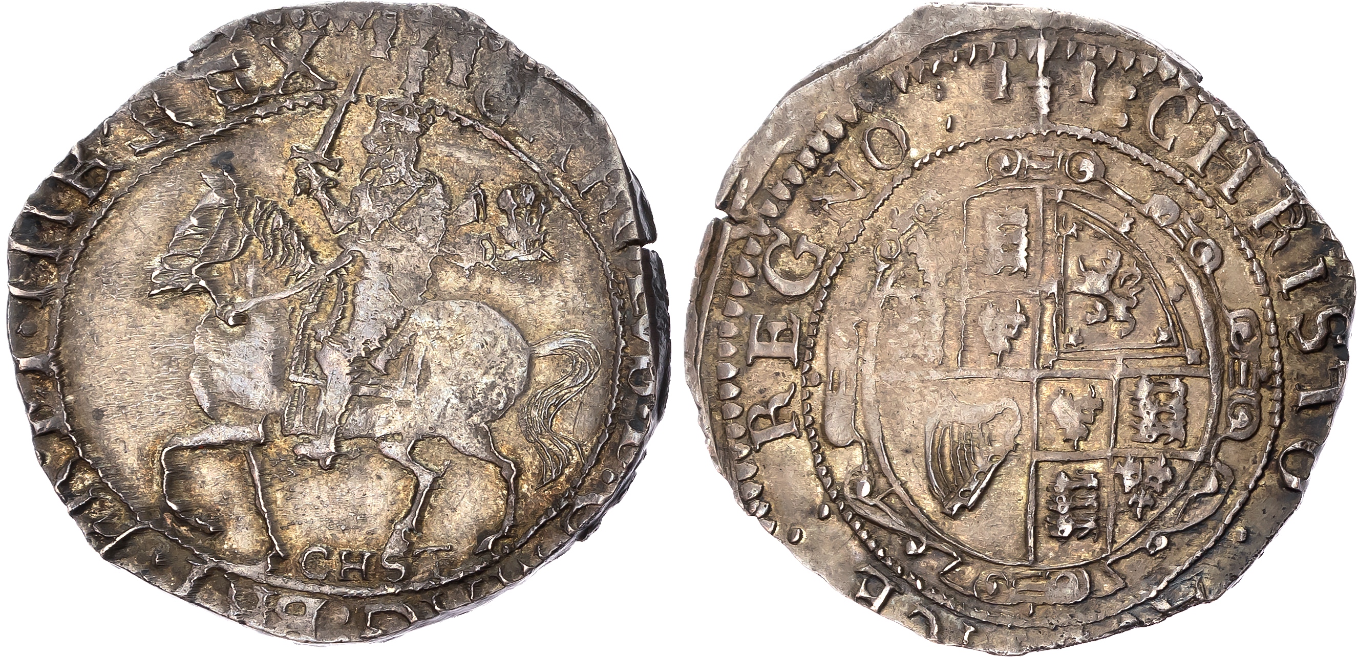 Charles I (1625-1649), AR Halfcrown, Chester mint, mm. three gerbs and sword on both sides – 1644. King on horseback rid…
