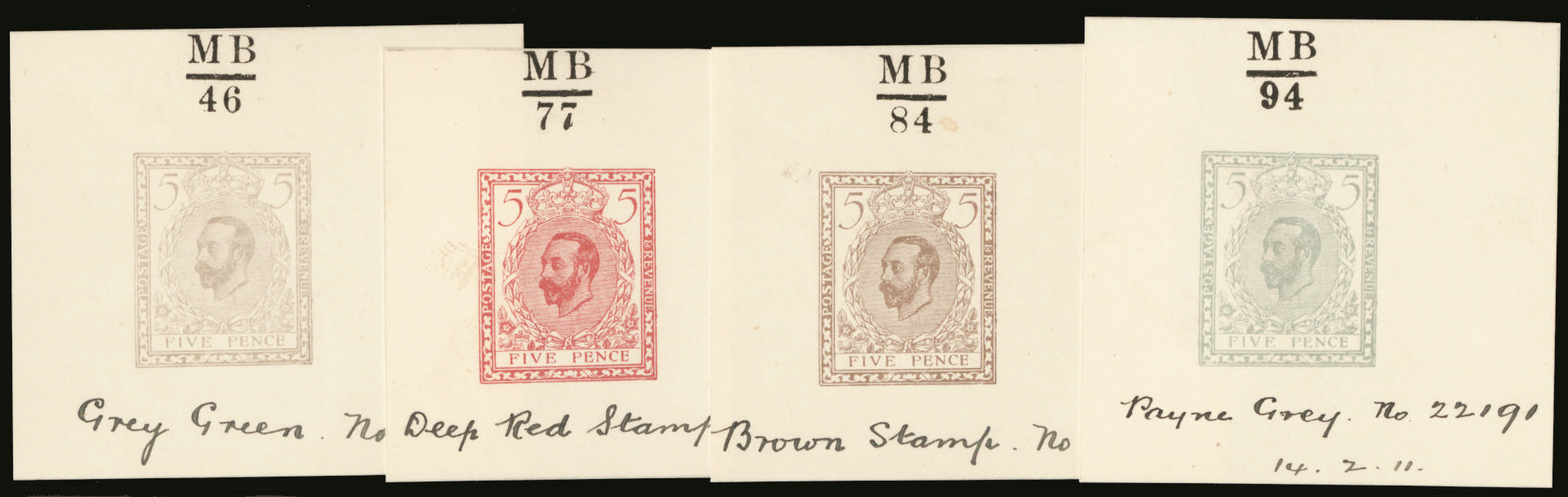 Great Britain 1911 5d Hentschel essay. Very fine set of four imperforate colour trials printed in grey green, deep…