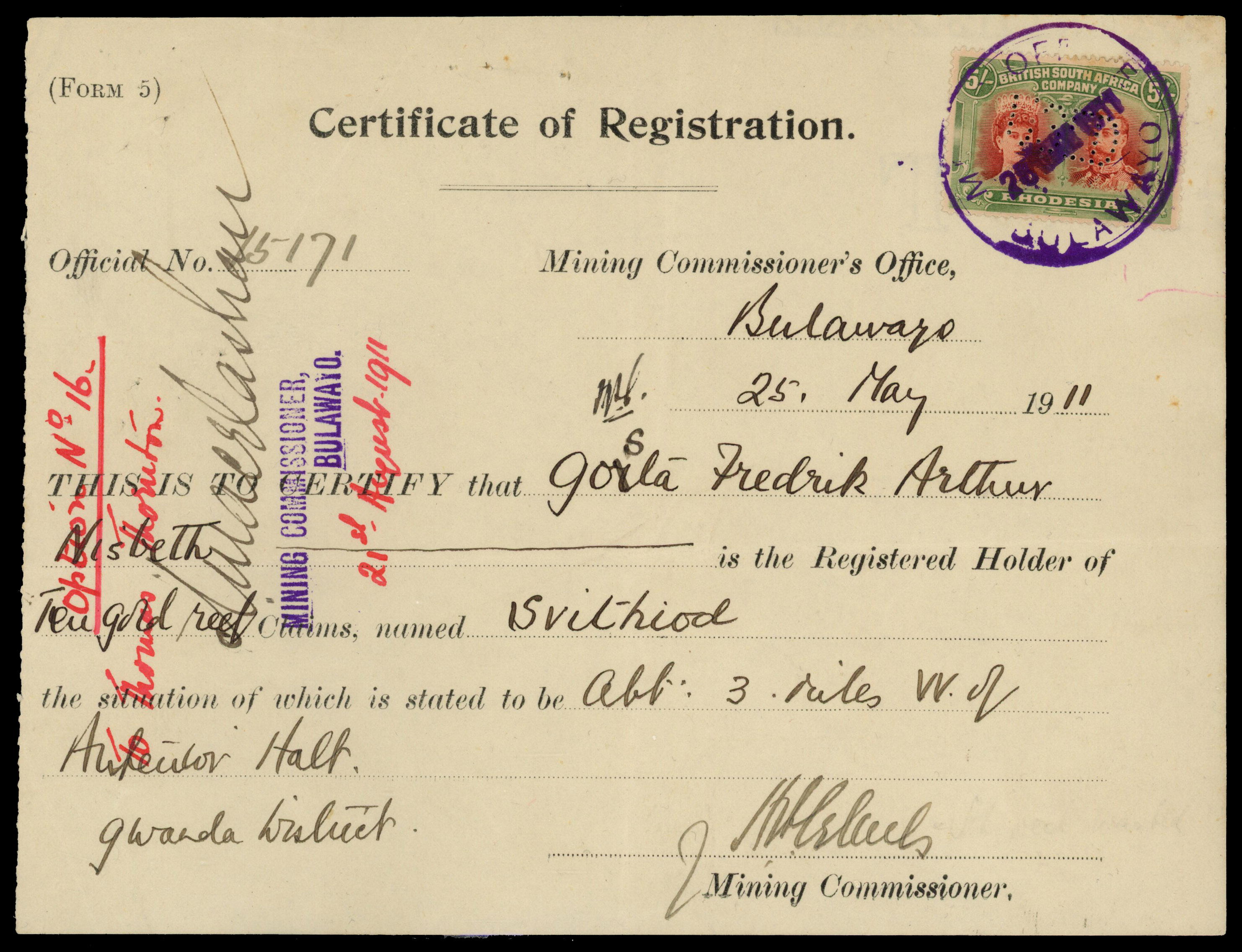 Rhodesia 1911 Certificate of Registration form with 5s SG 159