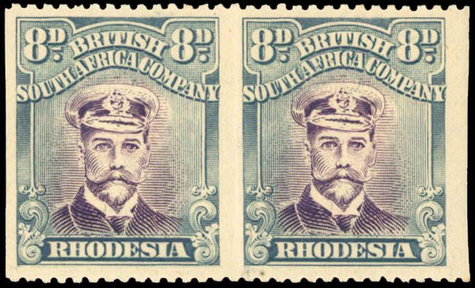 Rhodesia 1918-21 8d deep reddish lilac and deep blue-green die IIIB horizontal pair Imperf Between