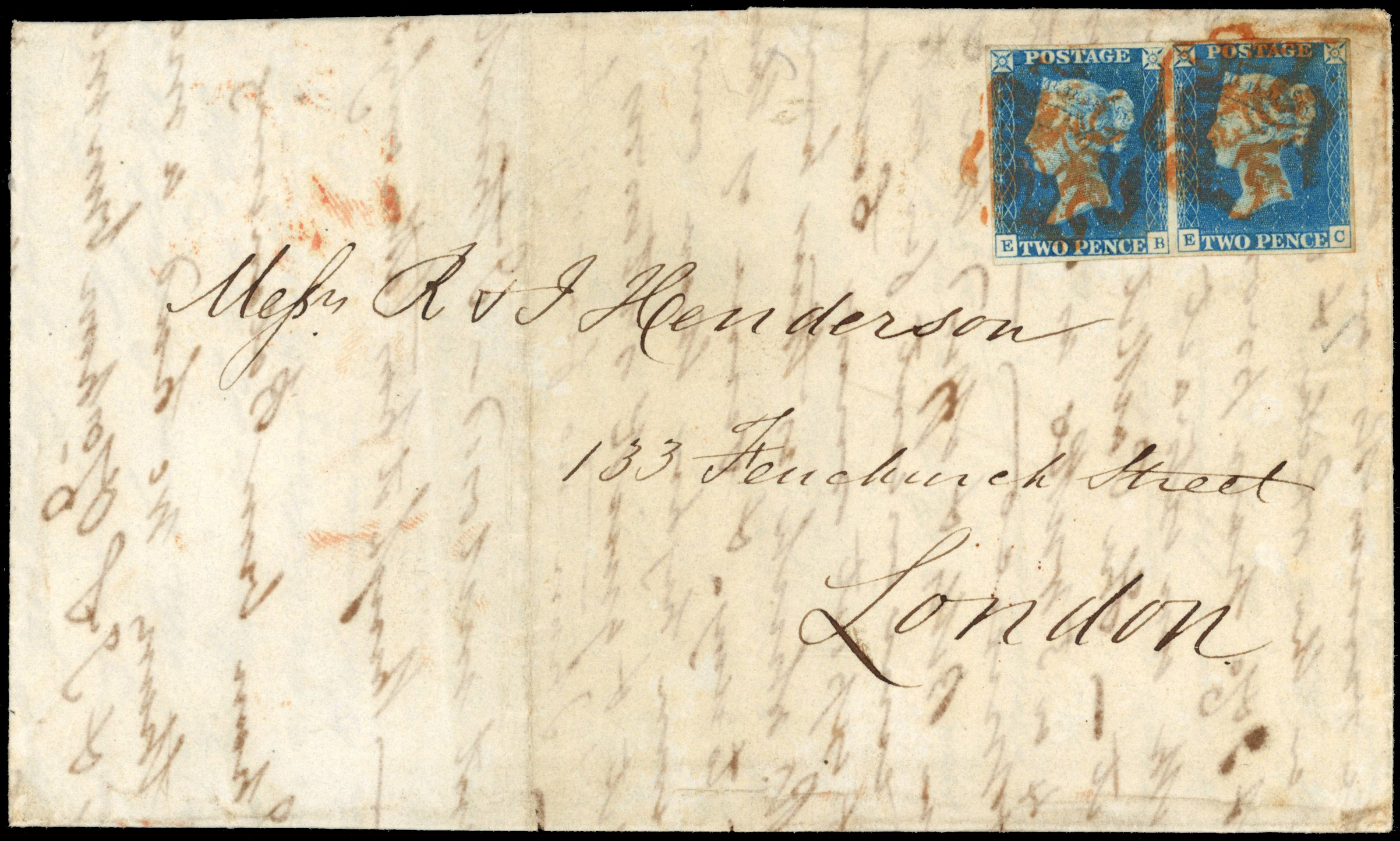 GB: POSTAL HISTORY: 1840 2d pale blue plate 1, pair on cover