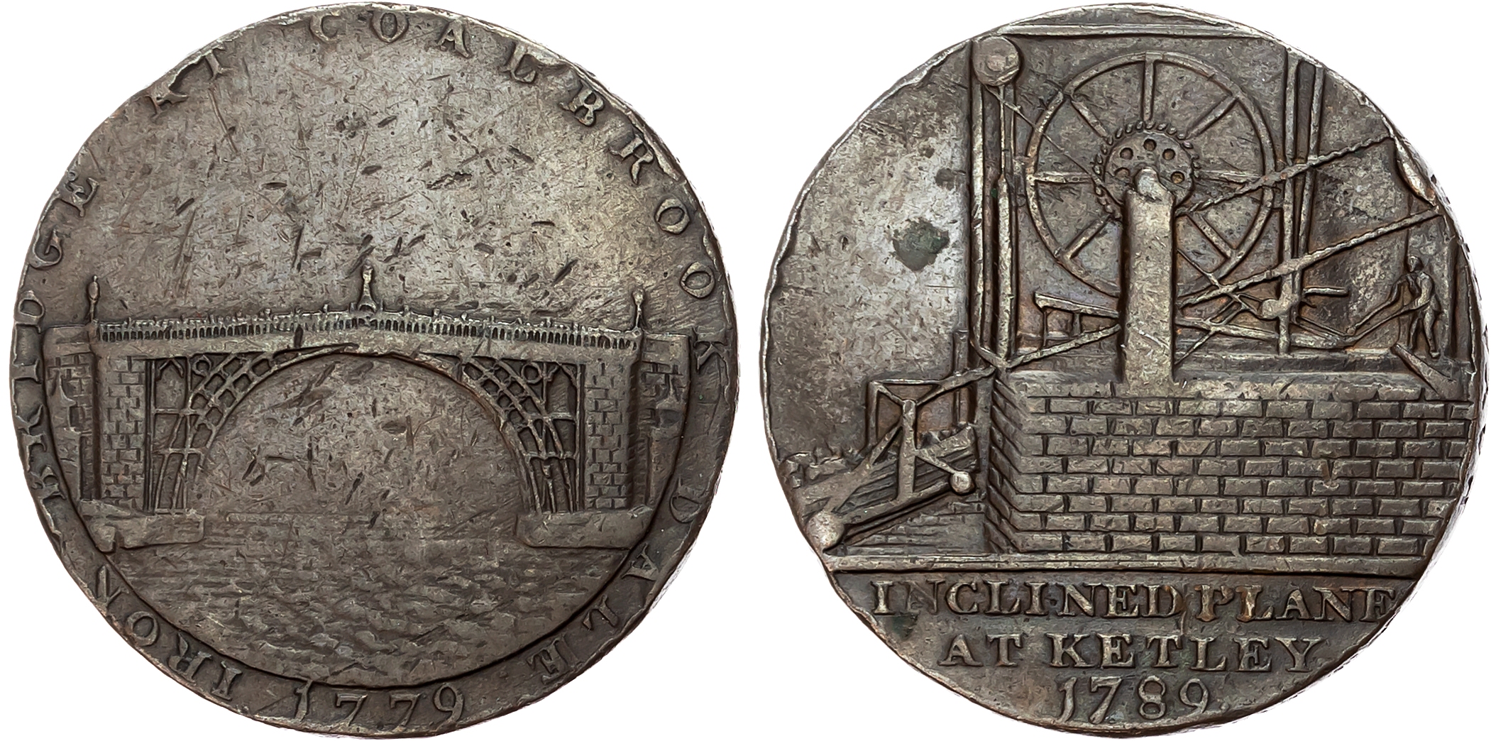 Salop. Coalbrook Dale , Reynolds & Co, Pattern or Trial Halfpenny 1792, in copper, View of the Iron Bridge, no barge on …