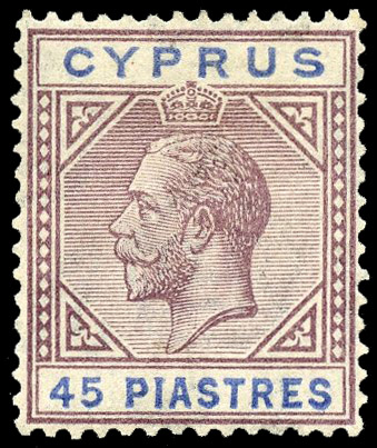 Cyprus 1921 Script wmk 45pi purple and ultramarine,'Broken bottom left triangle' S.G. 99a cat £2,750