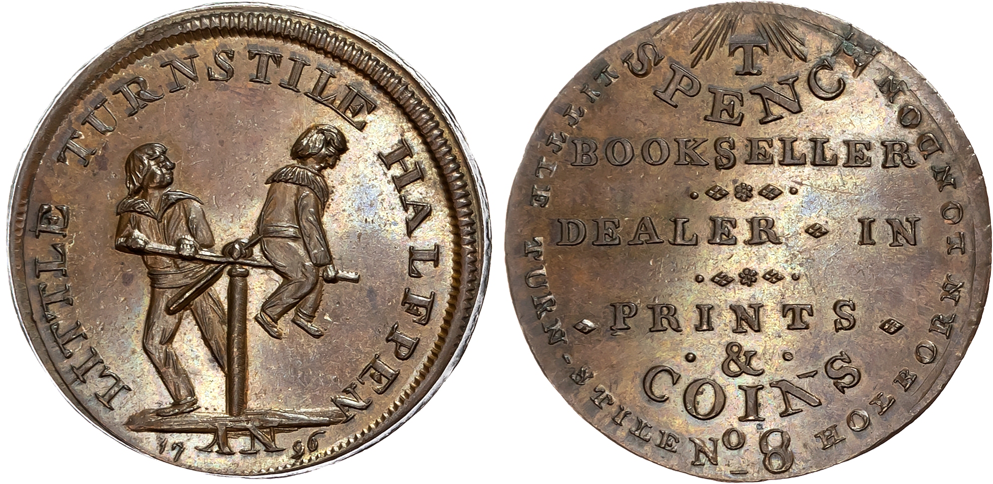London, Holborn, Thomas Spence Halfpenny 1796, 9-line advertisement, rev. Two boys on a turnstile, edge plain, 28.25mm/1 …