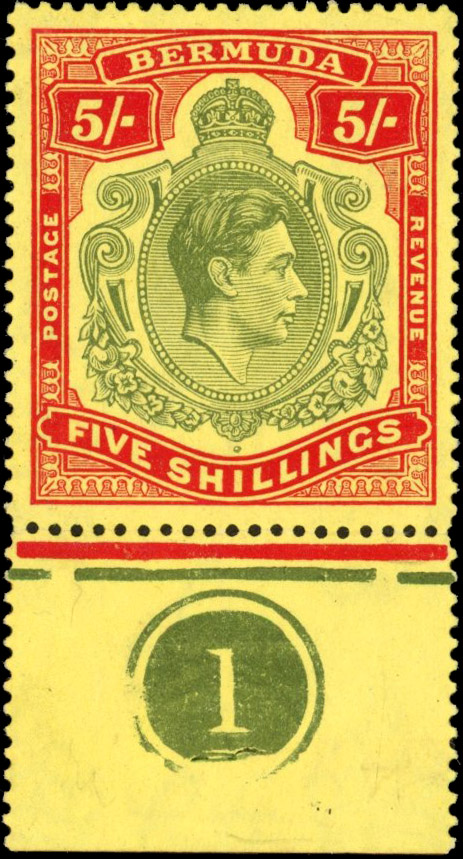 Bermuda 1941 (May) 5s line perf wit and HPF #59i broken top right scroll, mint, SG 118bd.
