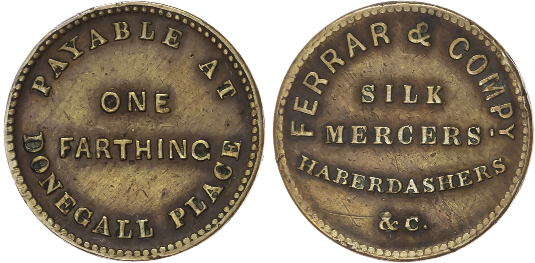 Belfast, Augustus Farrar & Co. (silk mercer, haberdasher) farthing (1850s) two-line legend/four-line legend, 2…