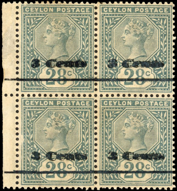 Ceylon 1892 3c on 28c slate with surcharge double block of four, SG 243a