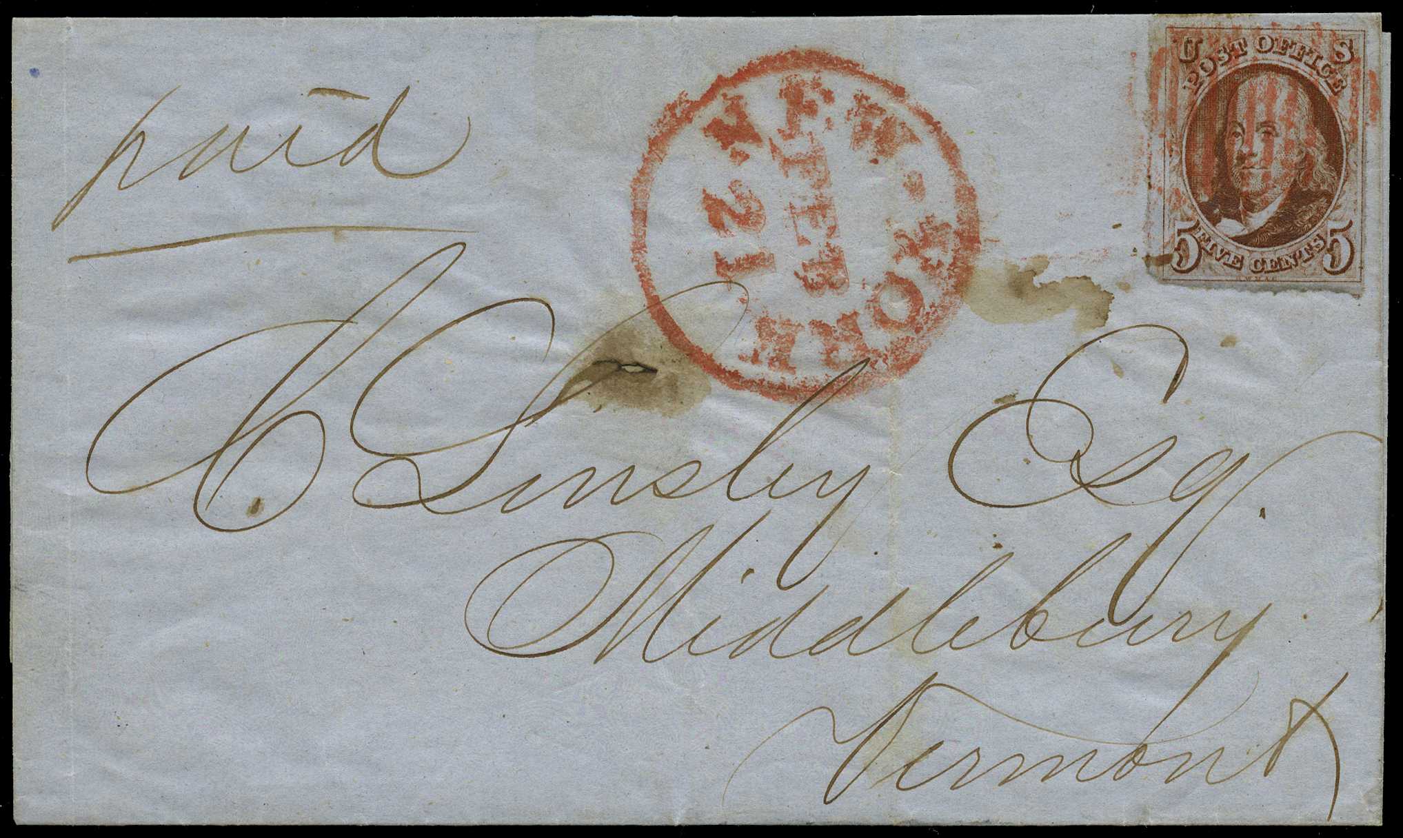 1847 5c red-brown Benjamin Franklin, tied to...
