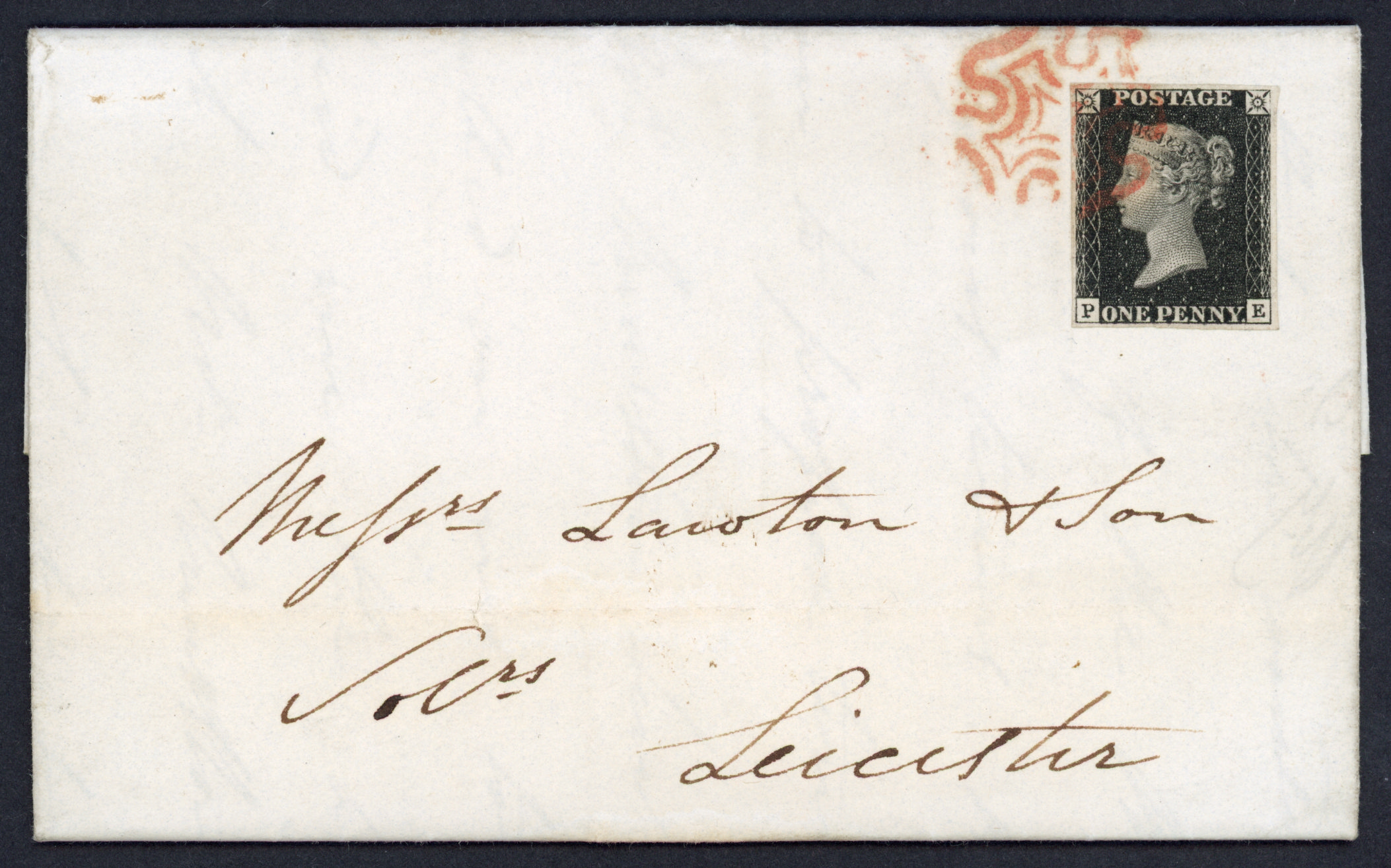 Great Britain 1840 entire to Leicester with 1d black plate 5 lettered PE