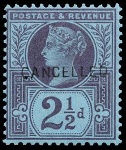 1887 21/2d Purple/blue "Jubilee". Very fine unused o.g. example overprinted "CANCELLED" type 14. Very scarce. Ex...