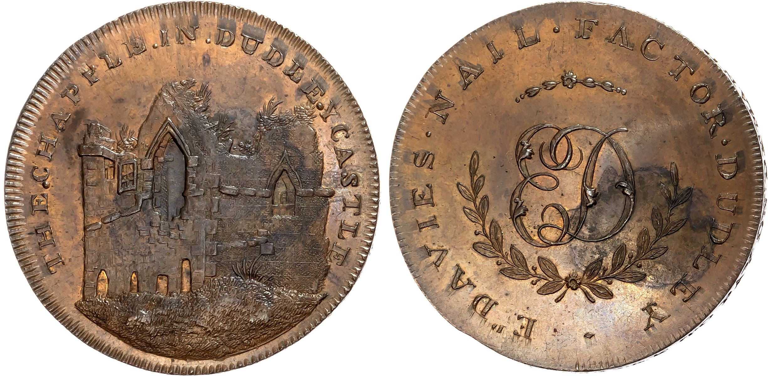 Worcs. Dudley , Edward Davies, Skidmore’s Penny 1797, view of the ruinous Chapel in Dudley castle, rev . ED cypher in la …