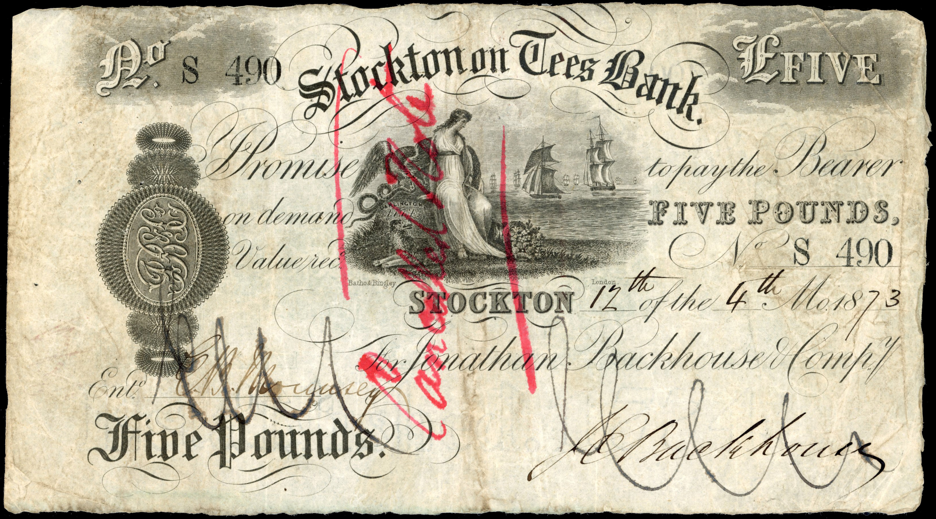 STOCKTON ON TEES, Stockton on Tess Bank, for Jonathan Backhouse & Co., £5.,12th. of the 4th. Month 1873, signe…