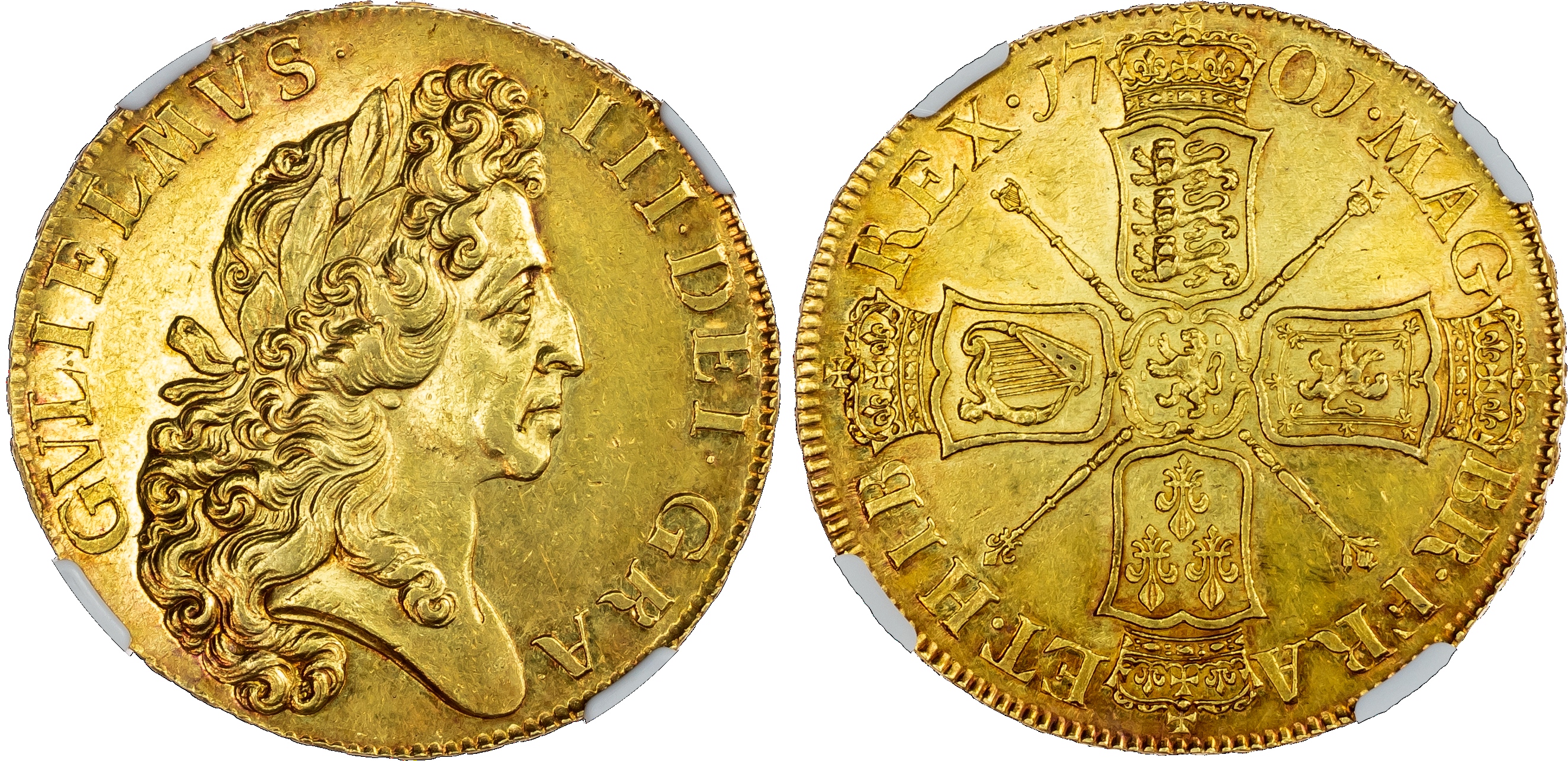 William III (1694‑1702), 'Fine Work' Five‑Guineas, 1701, NGC AU58