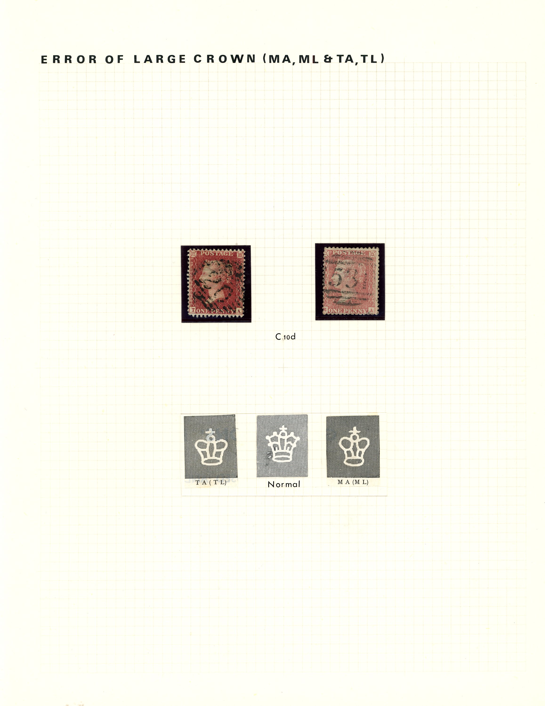 GB: 1857-63 1d rose-red, error of watermark, examples ‘MA’ and ‘TL’ SG C10d, and 1856 6d lilac and 9d 