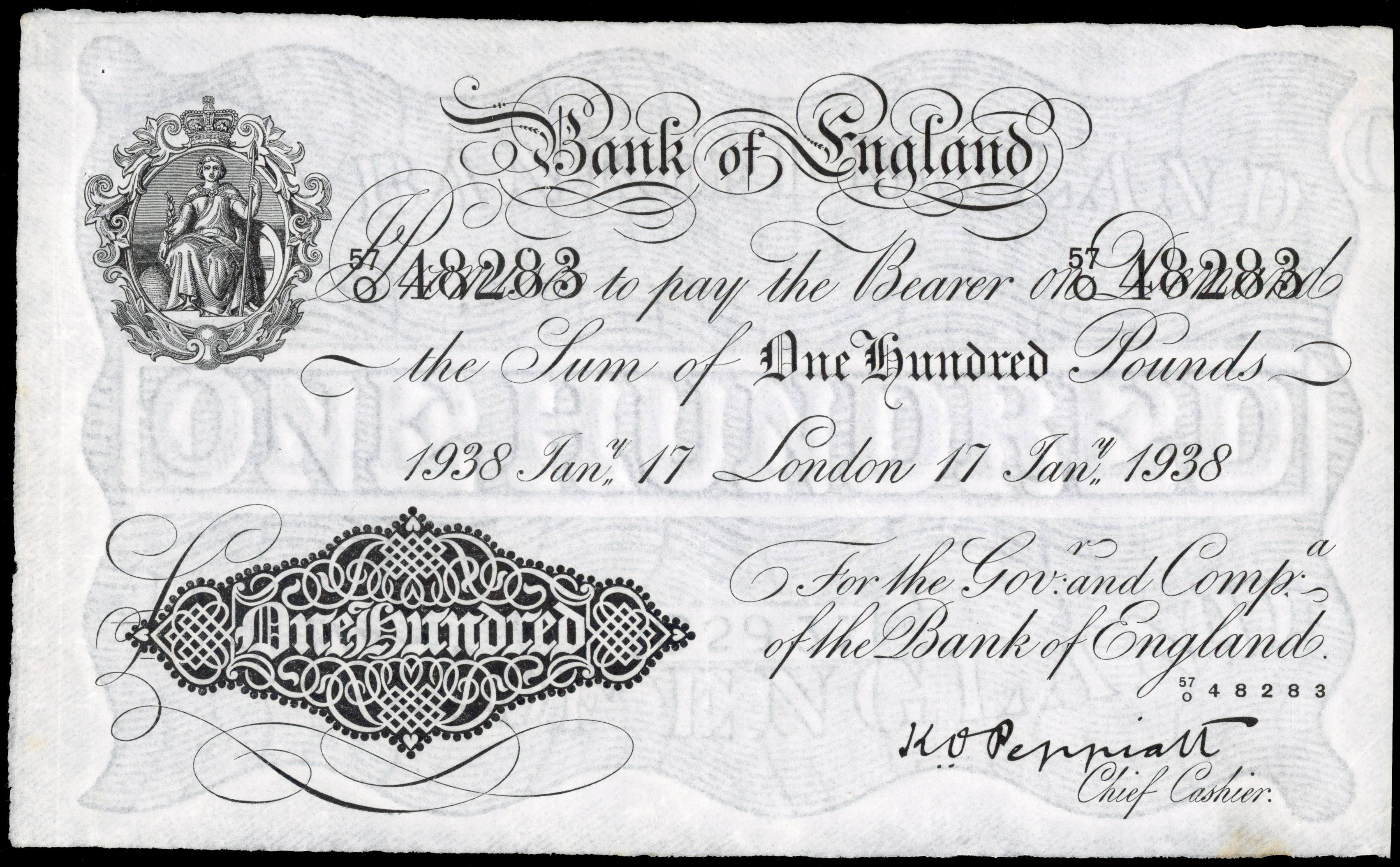 Bank of England, K O Peppiatt, White One Hundred Pounds, London, 17 Jan. 1938, 57/O 48283 (Dugg. B241). Two pi…