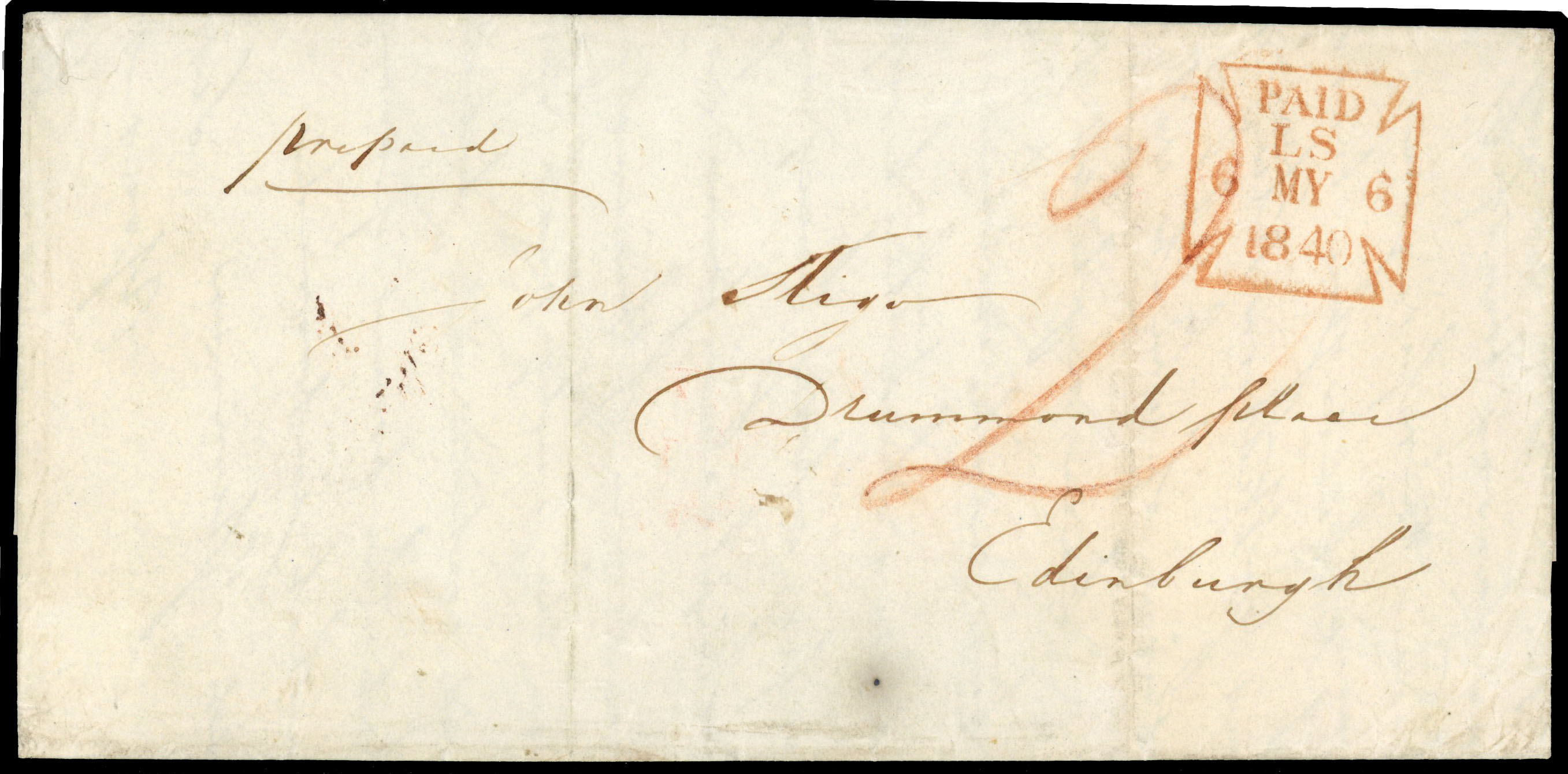 1840 (6 May) stampless entire from London to Edinburgh used on the first of the Penny Post