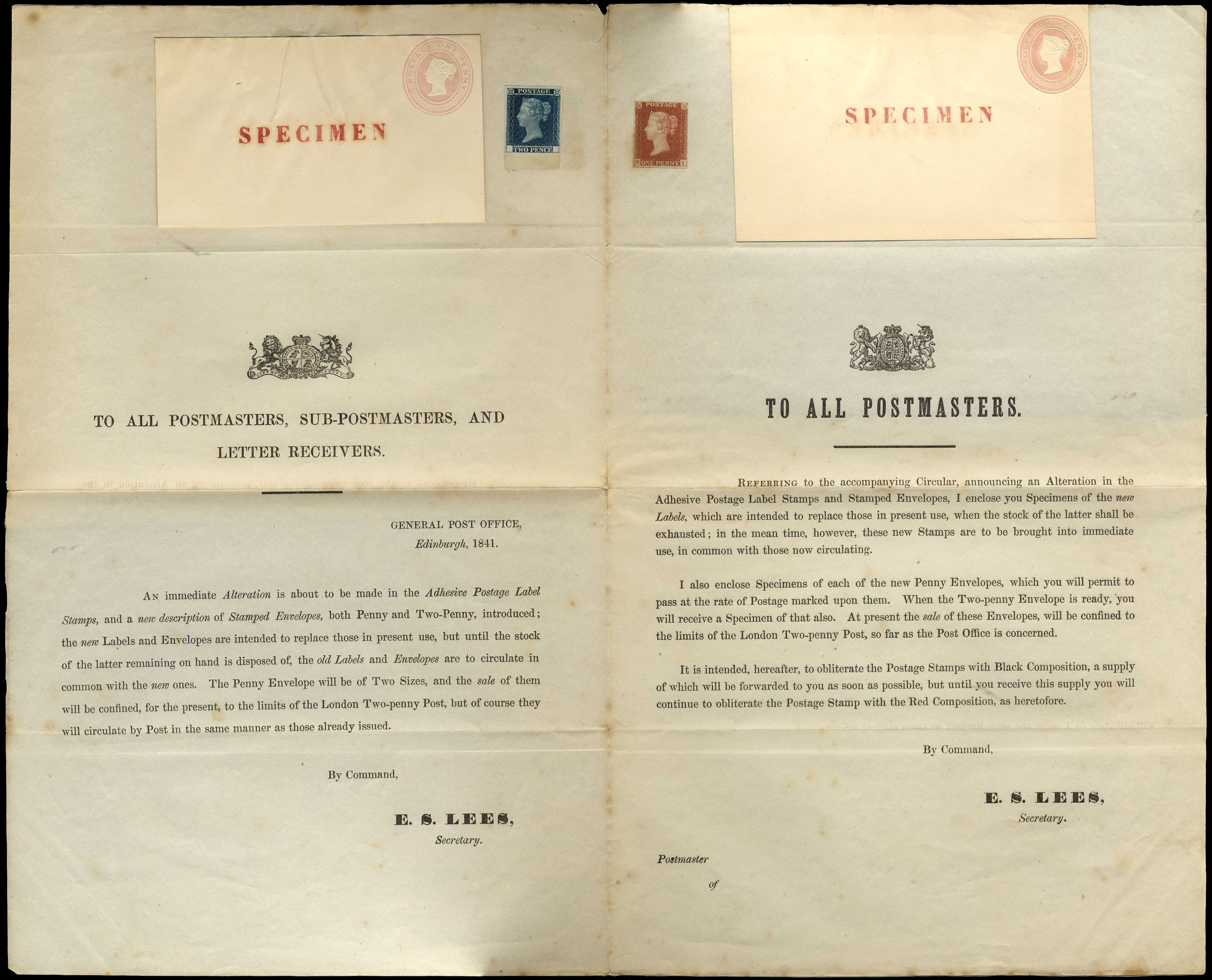 1841 Postmasters Notice from E S Lees...