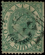 1870 1/- green doubly overprinted curved POSTAGE in black, used with '18' numeral cancel of Cathkin. Perfs at right trimmed...