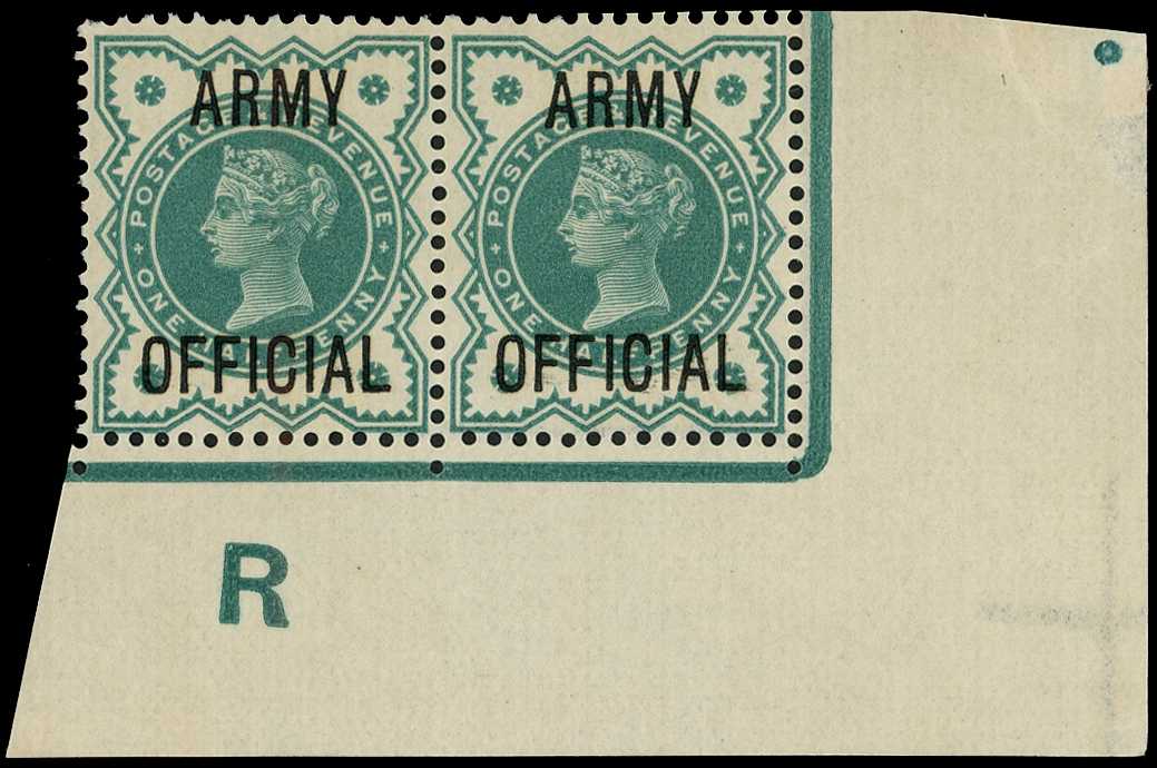 Army Official. 1900 ½d blue-green corner...
