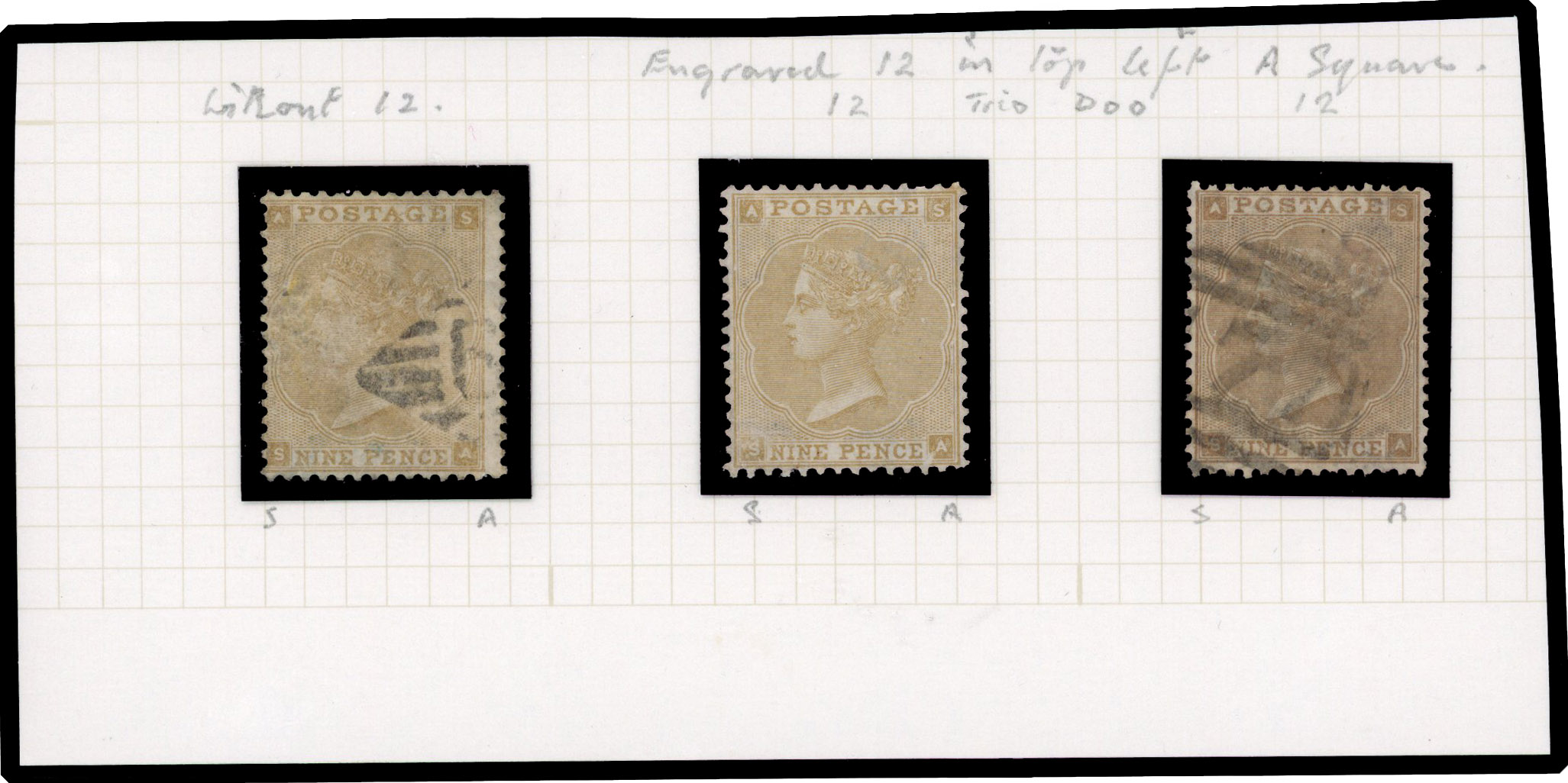 1862 9d Bistre Pl.2 without hairlines (SG86/87, Wmk. Emblems). An unusual trio all lettered SA