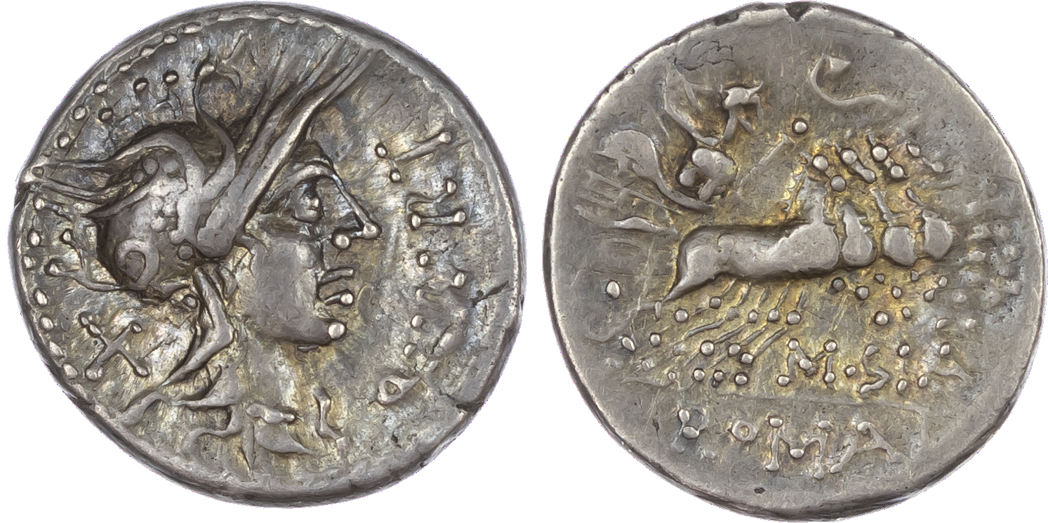 Q. Curtius and M. Sergius Silus (116-115 BC) AR Denarius, Rome, 3.97g. Q•CVRT, helmeted head of Roma facing right, X (mark
