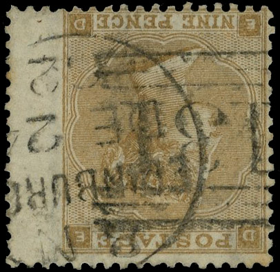 1862 9d Bistre Pl.2 (Wmk. Inverted & reversed). Fine used right hand wing margin example lettered DE, cancelled by Edinb…