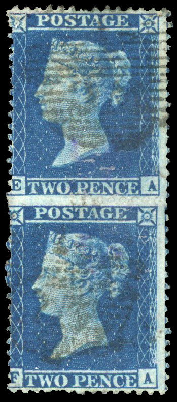 1857 2d Blue Pl.6 (SG35, Die I, Alphabet III, Wmk. Large Crown, Perf 14). Used vertical pair lettered EA-FA 