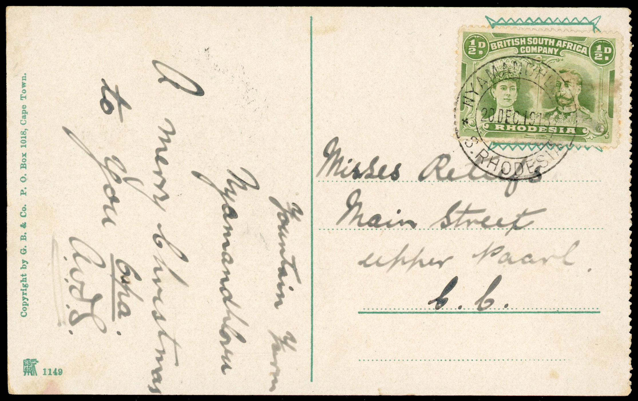 Rhodesia 1913 ppc from Nyamandhlovu to South Africa