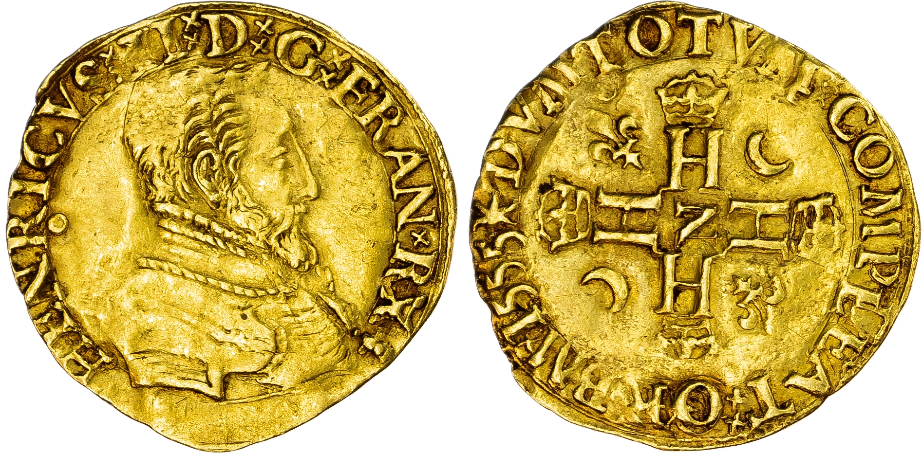 France, Kingdom. Henri II AV Henri d'or. Montpellier mint, 1555.