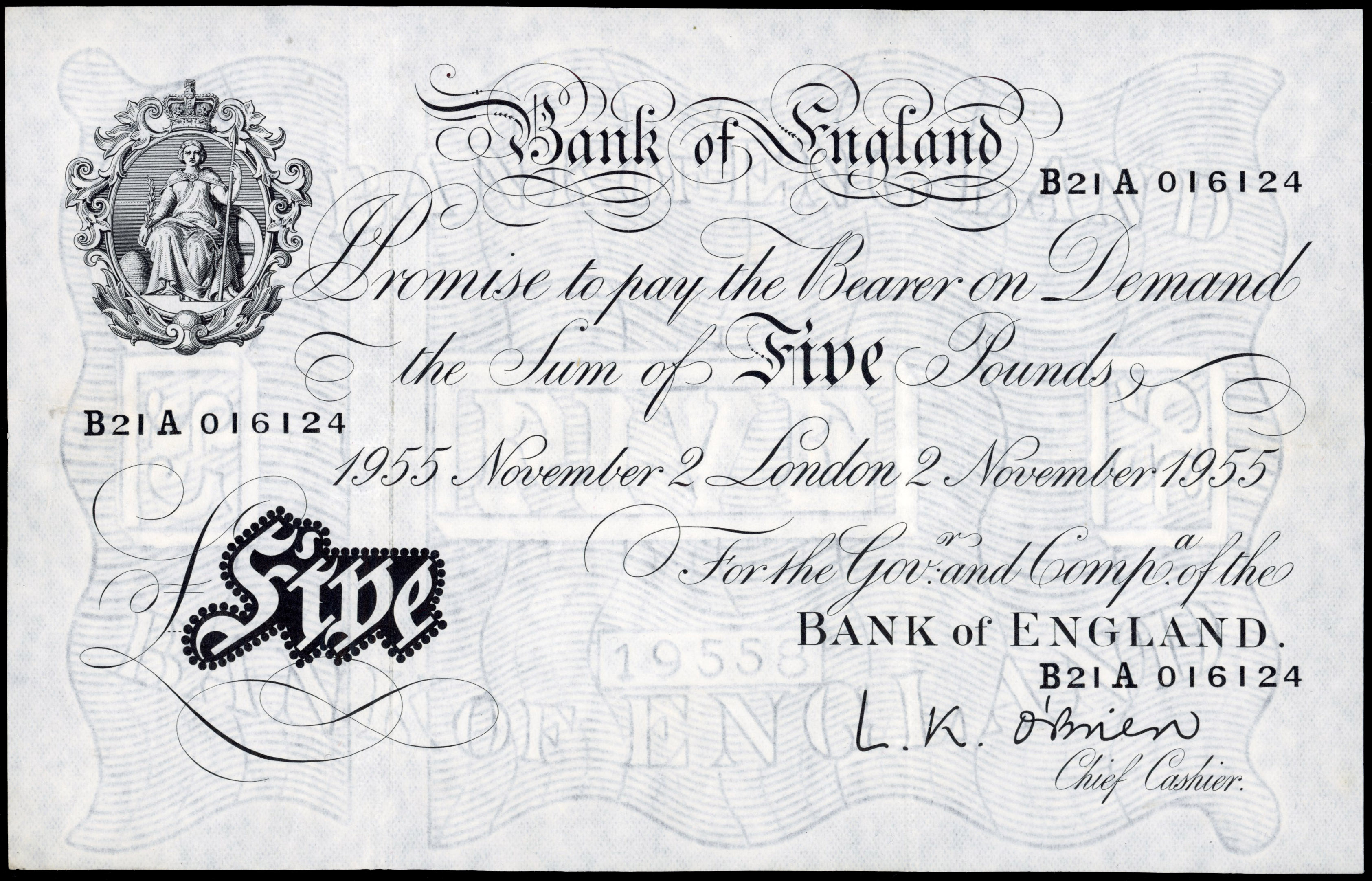 Bank of England, L K O’Brien, White Five Pounds, London, 2 Nov. 1955, B21A 016124, (Dugg. B276). Very Fine.…