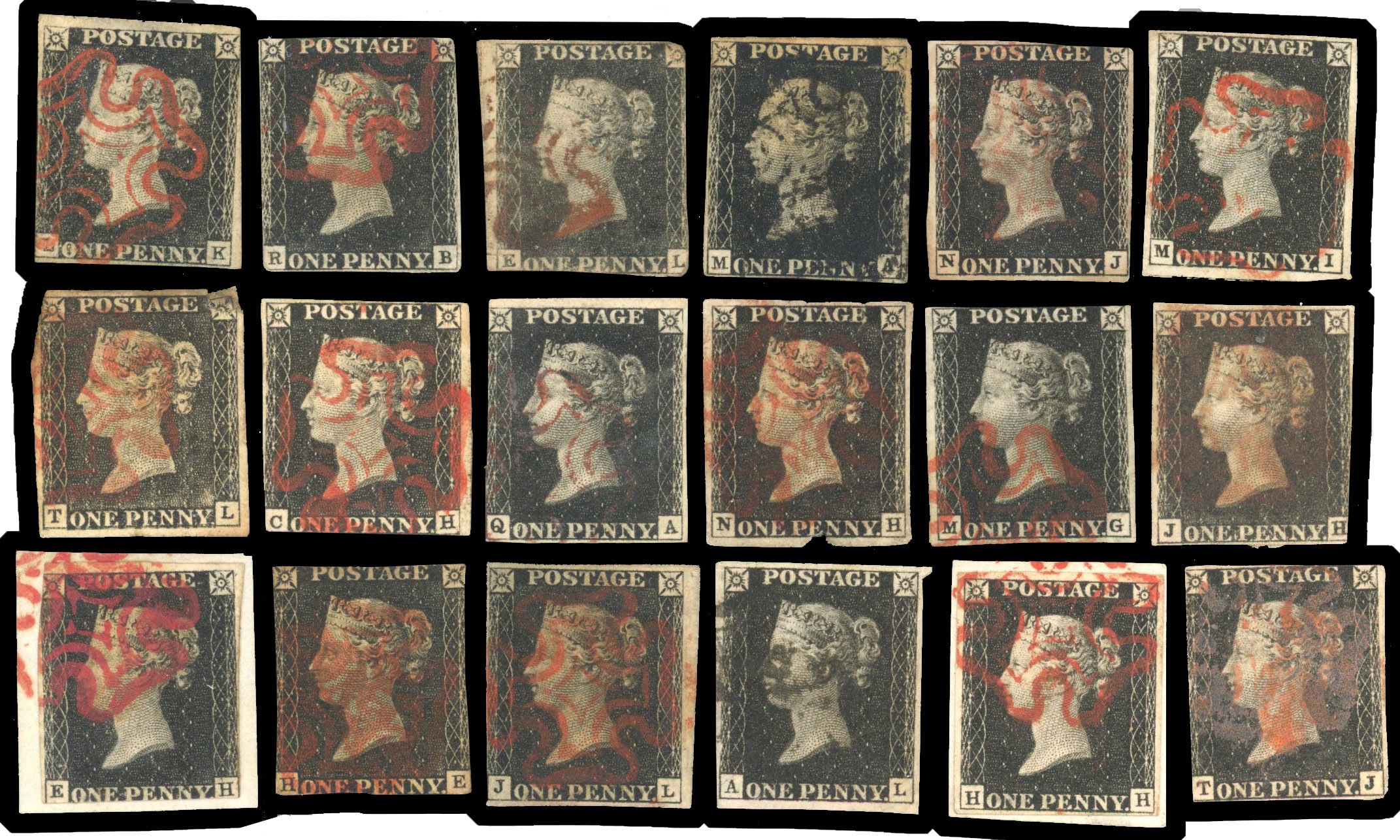 1840 1d black, unplated selection with up to four margins