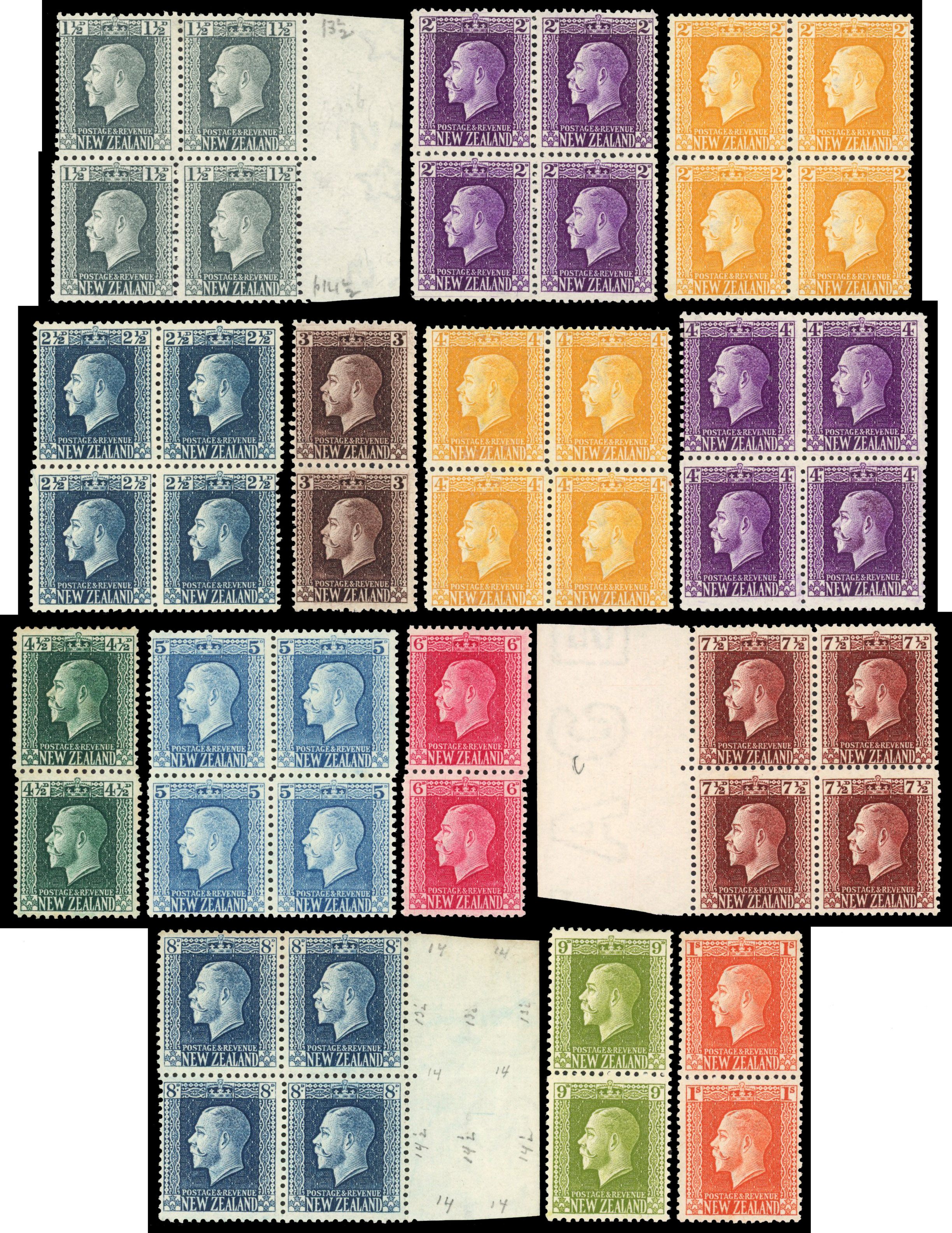 New Zealand SG 416b/30d 1915-30 set of 14 two-perf pairs mint