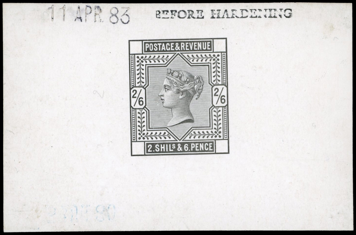 GB 1883-84 2s6d die proof, printed in black on white glazed card, For SG 178