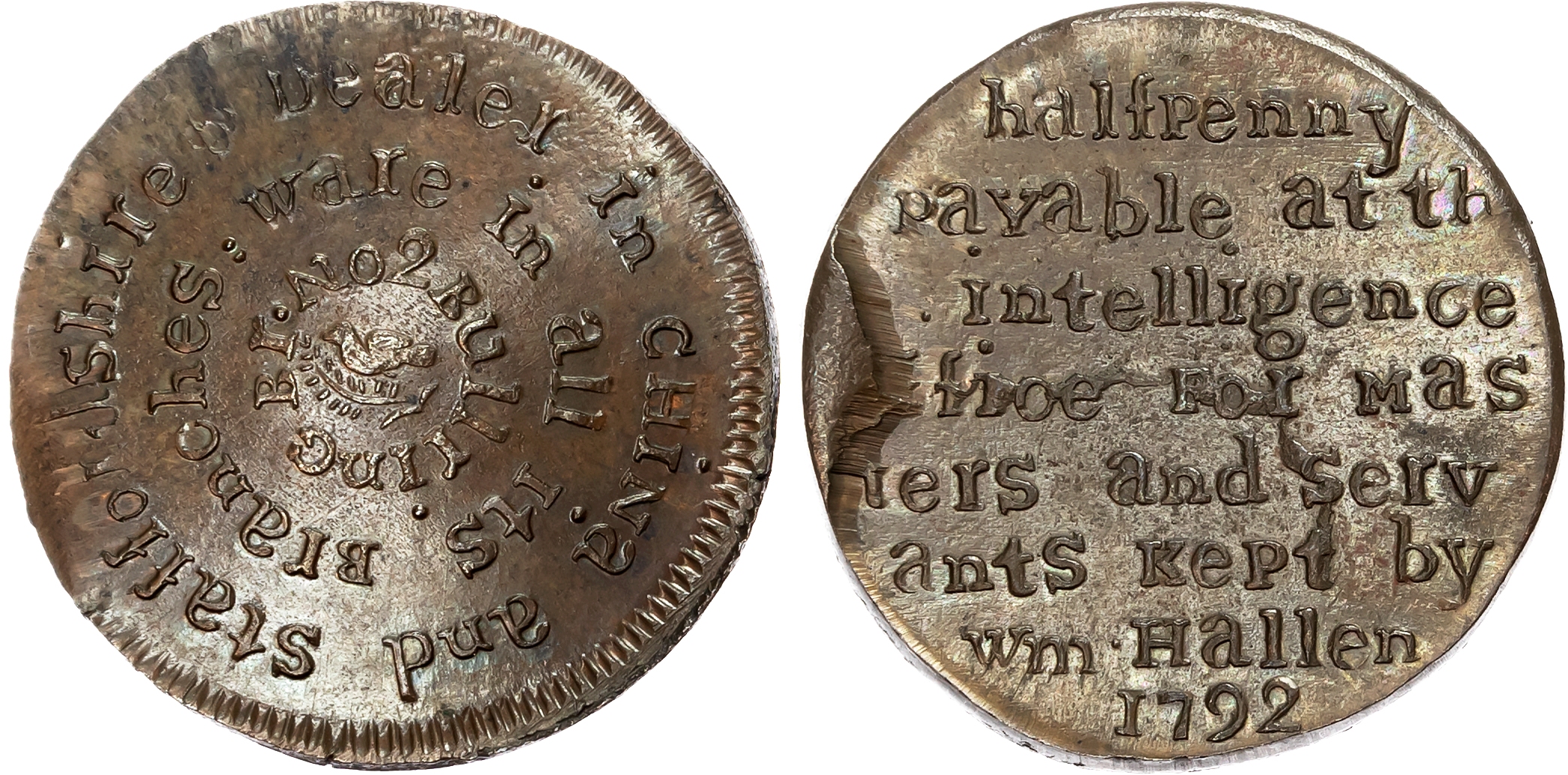 Warks.  Birmingham , William Hallan (china dealer and servant finder), Halfpenny 1792, Circular legend with bird in midd …