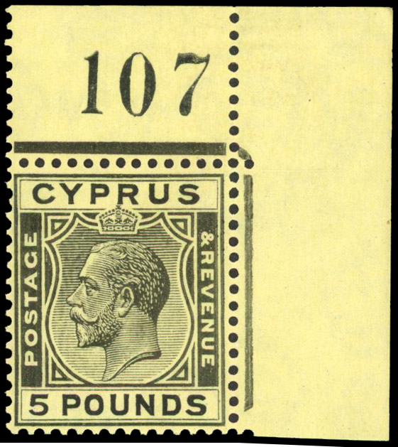 Cyprus 1924-28 £5 black on Yellow with Sheet number 107 S.G. 117a cat £3,750 