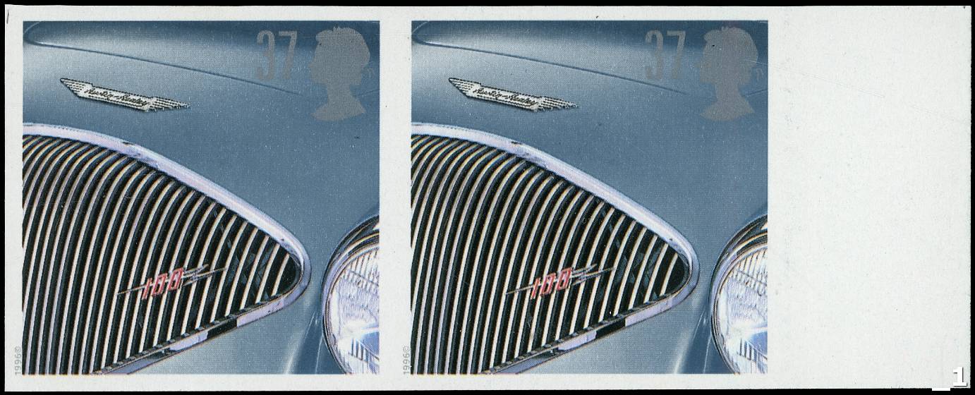 GB: 1996 37p Classic Sports Cars, Austin -Healey 100, right hand marginal imperforate pair,