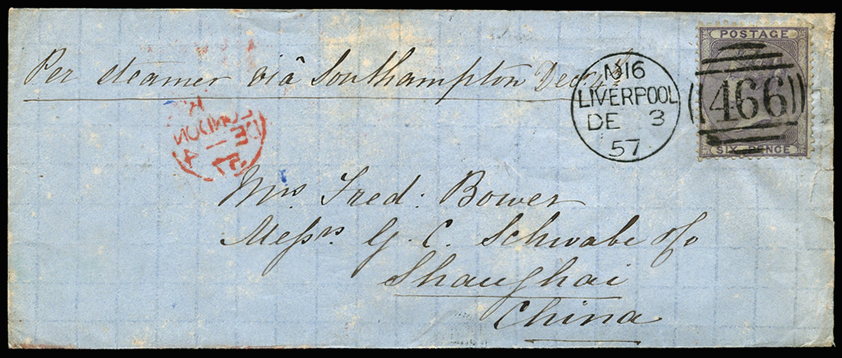 1858 Overseas mail. Very fine cover to Shanghai,...