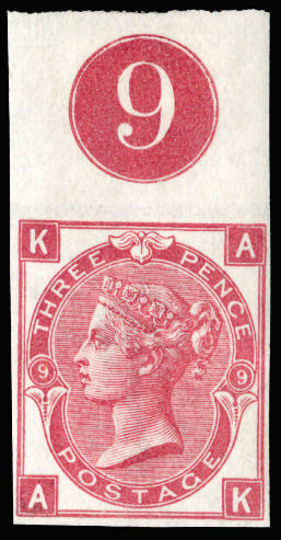 Great Britain 1872 3d Rose Pl.9. Very fine unused o.g. top marginal imperforate imprimatur lettered AK showing pla…