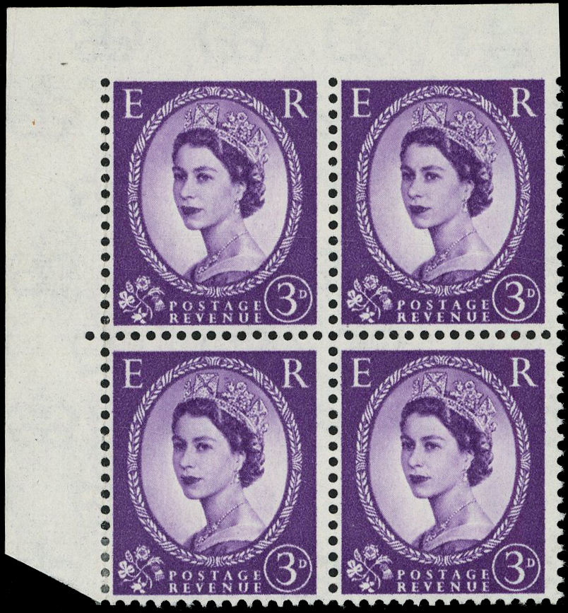 GB: 1958 3d deep lilac u/l corner marginal block of 4, the top pair imperforate between stamp and top margin,