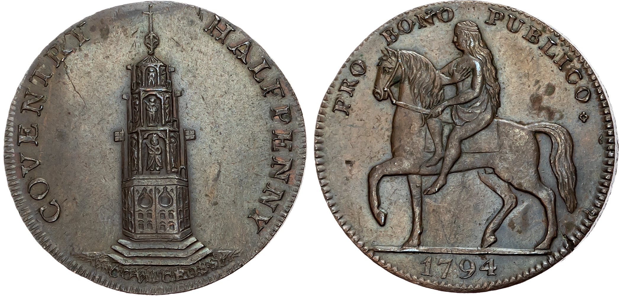 Warks.  Coventry , Robert Reynolds & Co. Halfpenny 1794, Lady Godiva on horse, rev. Market Cross, edge plain, 30.1mm/11. …