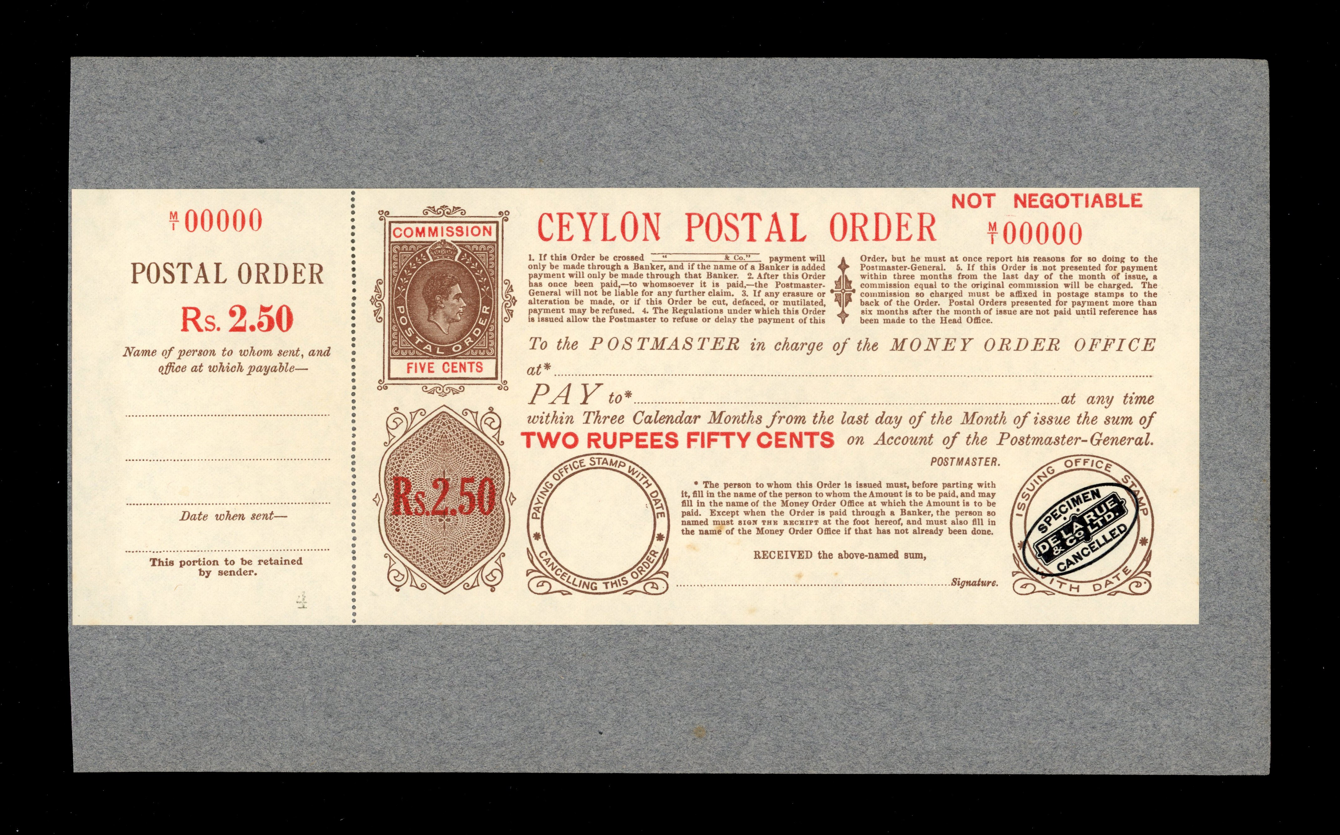 Ceylon 2r50 Postal Order De La Rue Proof 