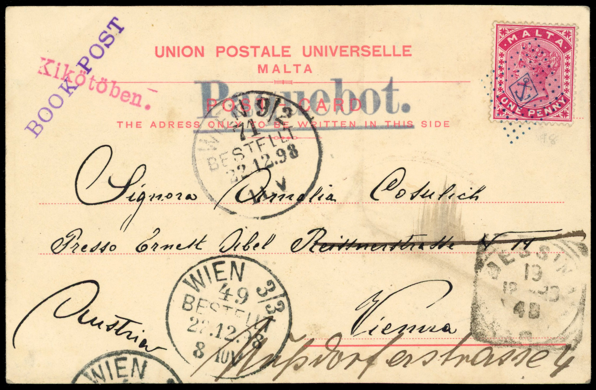 Malta 1898 Hungarian Shipping line card used to Vienna