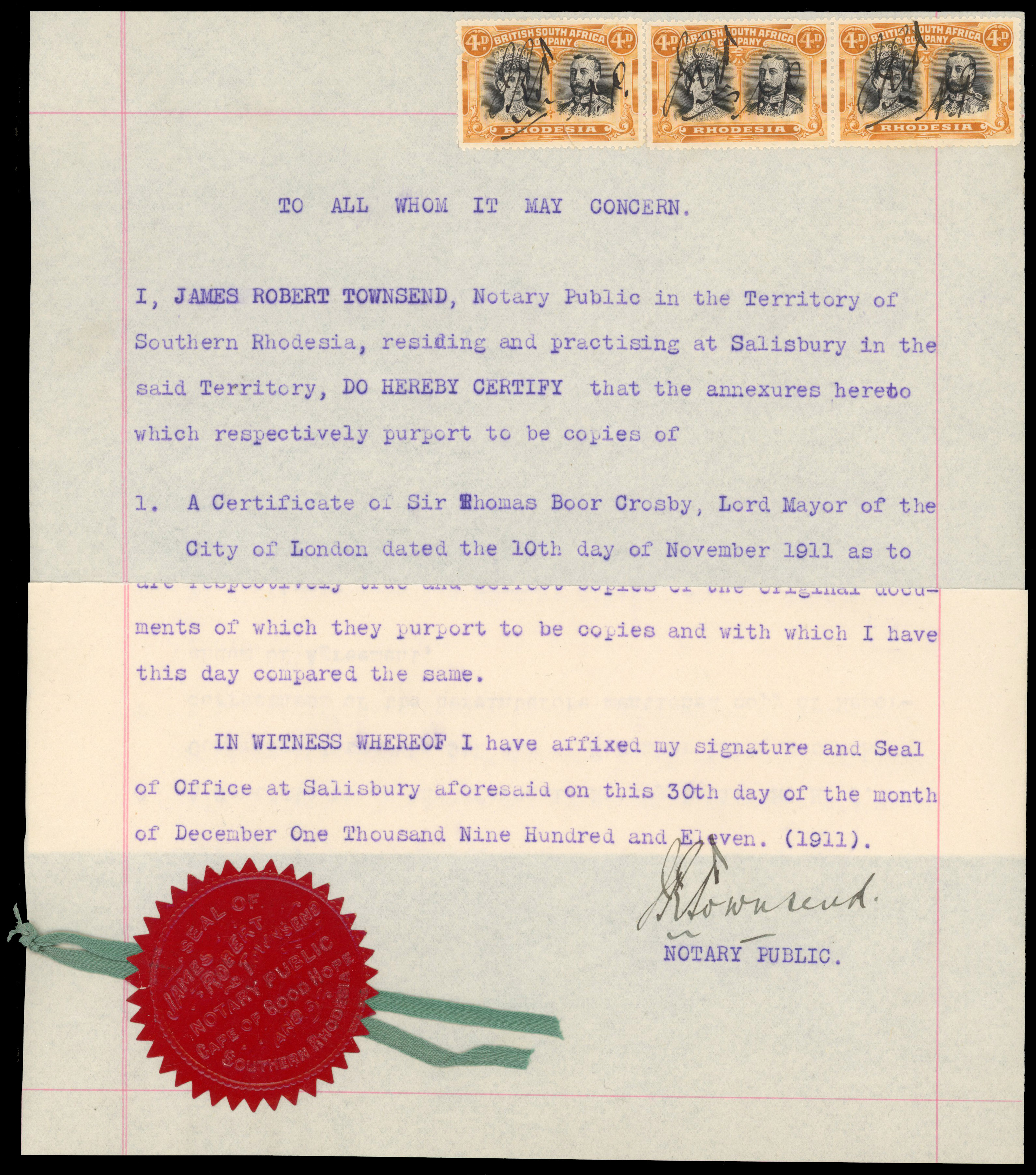 Rhodesia 1911 Notary Certificate with 4d Double Head x 3