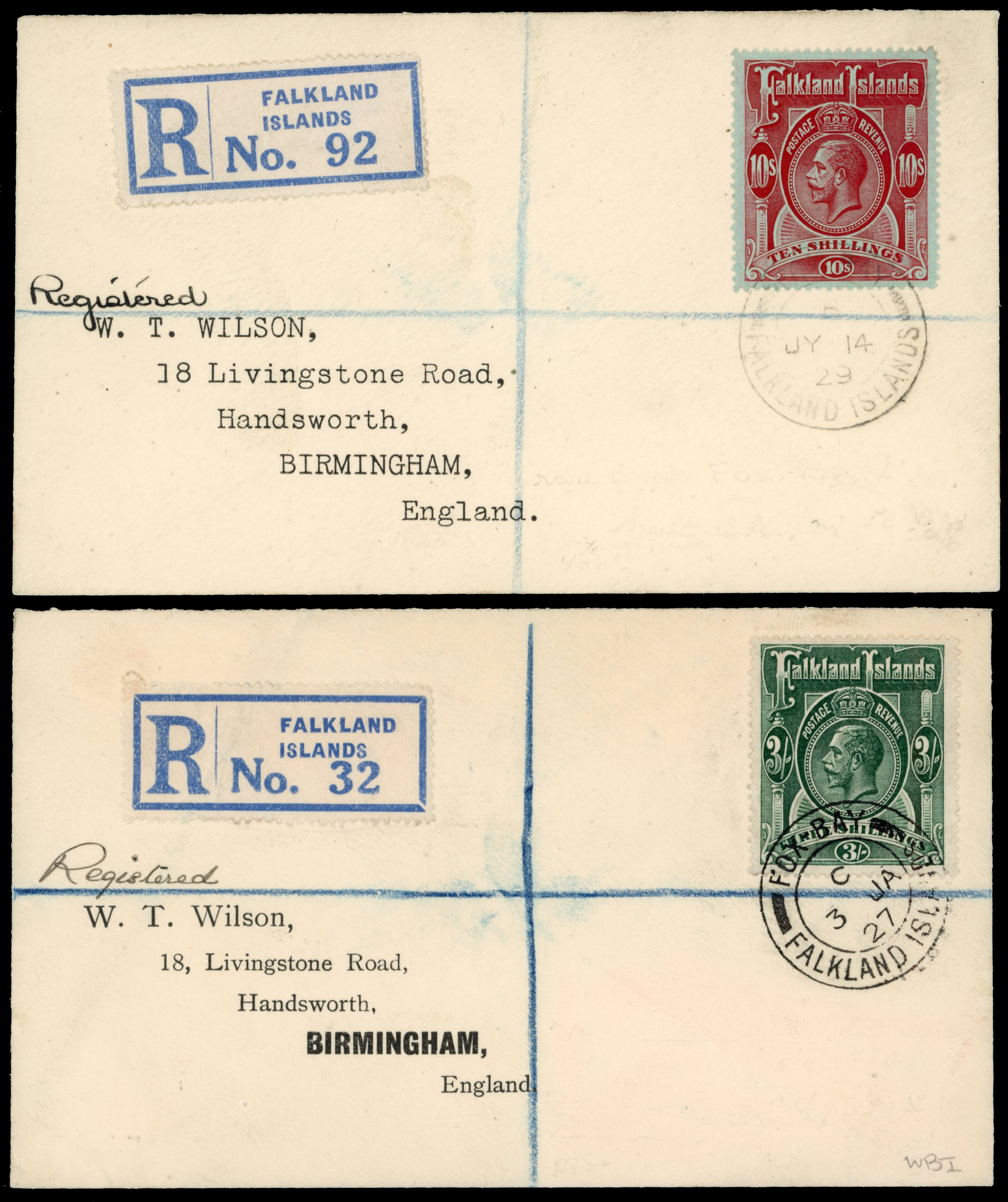 † Falkland Islands 1927 'Wilson' covers with KGV 3s and 10s