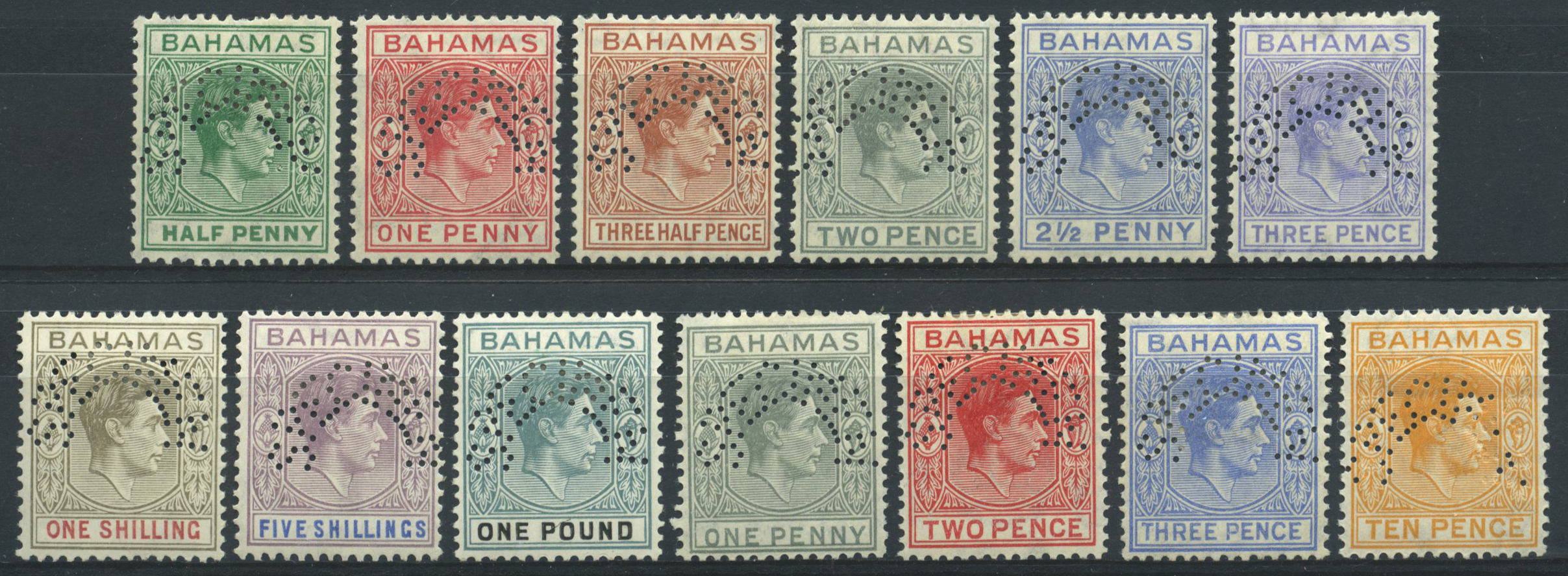 1938-46 set less 2½d violet perforated SPECIMEN Type D20 or D21, part o.g. with hinge remainders, otherwise fine except ½d...